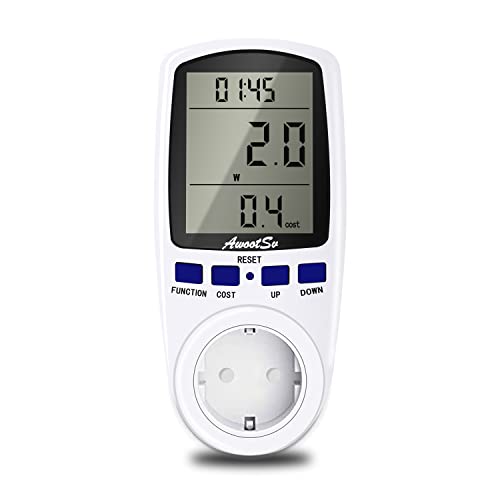 Awootsv Power Meter for Socket, Strommessgerät für Steckdose Stromzähler Energiekostenmessgerät Stromverbrauchszähler Elektrizitäts Analysator Display Real Time Overload, Power Calculation Meter von Awootsv