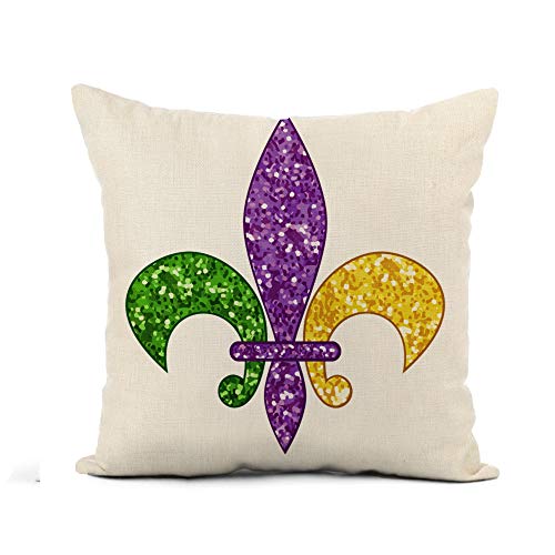 Awowee Flachs Kissenbezug Gras schöne Fleur de Lis Schimmer, Mardi Blanko Brokat 45,7 x 45,7 cm Kissenbezug Heimdekoration quadratisch Baumwolle Leinen Kissenbezug Kissenbezug von Awowee