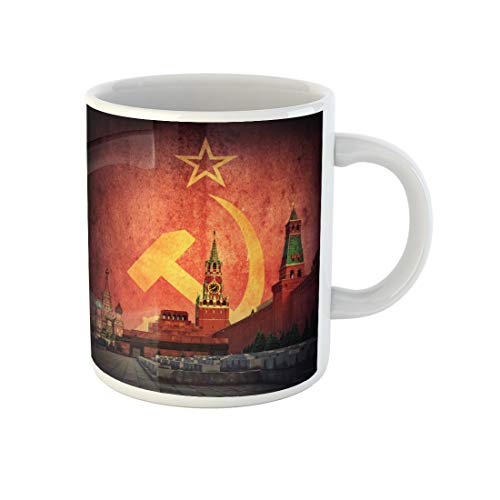 Awowee Kaffeetasse, gelb, sowjetischer, kommunistischer Moskauer Kreml auf Ussr-Flagge, Retro, 325 ml, Keramik, Teetasse, tolles Geschenk oder Souvenir für Familie, Freunde, Kollegen von Awowee