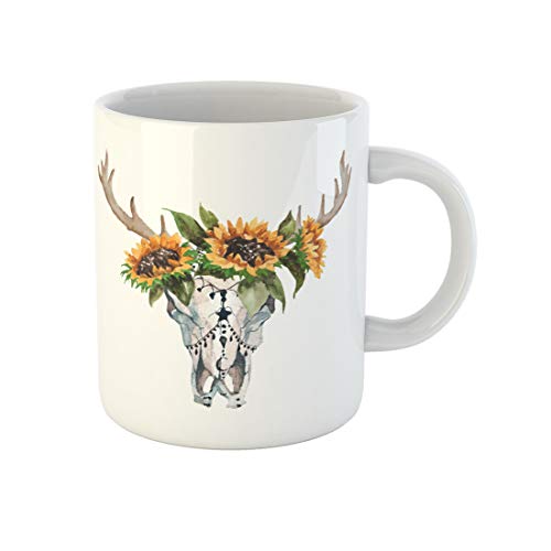 Awowee Kaffeetasse mit Aquarell-Stierkopf, Blumen und Federn auf Boho-Tototenkopf, 325 ml, tolles Geschenk oder Souvenir für Familie, Freunde, Kollegen von Awowee
