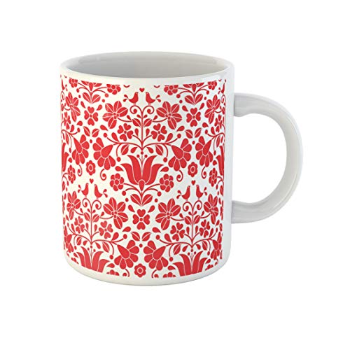 Awowee Kaffeetasse mit Kalocsai-Motiv, rote Blumenstickerei, ungarische Folklore, Europa, 325 ml, Keramik-Teetasse, tolles Geschenk oder Souvenir für Familie, Freunde, Kollegen von Awowee