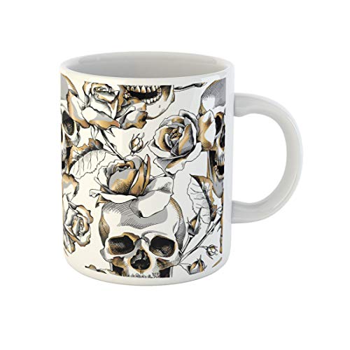 Awowee Kaffeetasse mit silberfarbenem Muster, goldfarbener Totenkopf und Rosenblüten auf schwarzem 325 ml, Keramik-Teetasse, tolles Geschenk oder Souvenir für Familie, Freunde, Kollegen von Awowee