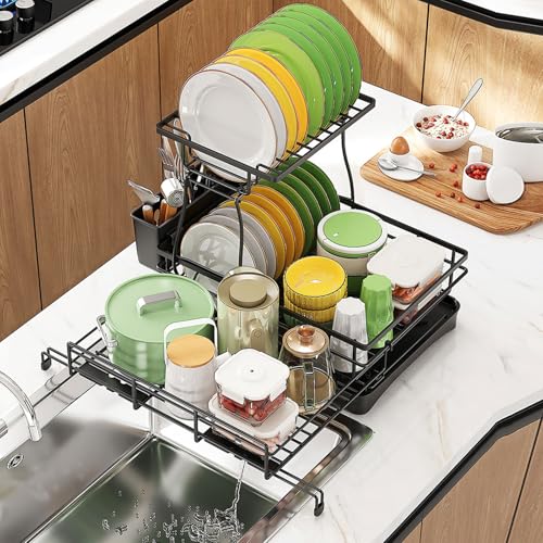 Awoyep Abtropfgestell Geschirr 2 Stufiges Geschirrabtropfgestell: Ausziehbarer Abtropfständer Platzsparendes Dish Drying Rack mit Abtropffläche Geschirrständer Drehbarem Auslauf (Schwarz-zweistufig) von Awoyep