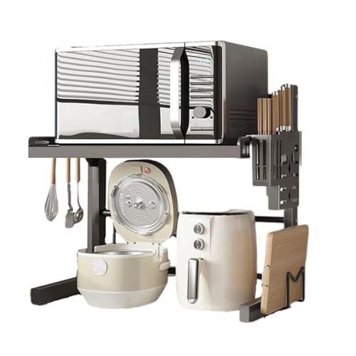 Awoyep Mikrowellen Regal Microwave Shelf Mikrowellenständer: Mikrowellenregal Regal Mikrowelle Stehend 39-62cm Expandable Küchenorganizer Küchenregal Arbeitsplatte mit 4 Haken (Schwarz, 2-Tier) von Awoyep