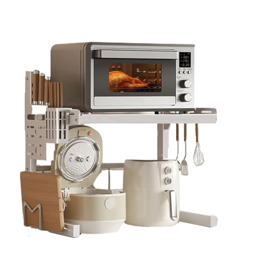 Awoyep Mikrowellen Regal Microwave Shelf Mikrowellenständer: Mikrowellenregal Regal Mikrowelle Stehend 39-62cm Expandable Küchenorganizer Küchenregal Arbeitsplatte mit 4 Haken (Weiß, 2-Tier) von Awoyep