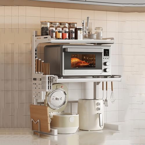 Awoyep Mikrowellen Regal Microwave Shelf Mikrowellenständer: Mikrowellenregal Regal Mikrowelle Stehend 39-62cm Expandable Küchenorganizer Küchenregal Arbeitsplatte mit 4 Haken (Weiß, 3-Tier) von Awoyep