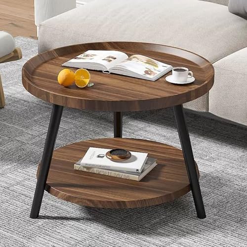 Awoyep Runder Beistelltisch Holz Klein Sofatisch: Couchtisch Rund mit 2 Etagen Kleiner Nachttisch Kaffeetisch Side Table Wohnzimmertisch H48x Ø50 cm für Wohnzimmer Schlafzimmer (Walnuss) von Awoyep