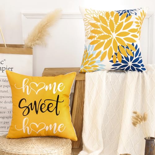 AwzyGous Kissenbezug 45x45 Senfgelb Blau Dahlien Blumen Kissenhülle Herbst Zierkissenbezug Sofakissen Zierkissen Dekokissen Pillow Case für Couch Wohnzimmer Schlafzimmer Außenbereich Deko 2er Set von AwzyGous