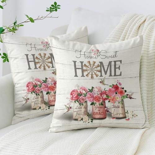 AwzyGous Kissenbezug Rosa Rot Blumen Vogel 40x40 2er Set Sommer Kissenhülle Leinen Rustikal Sofakissen Moderne Florales Dekokissen für Sofa Schlafzimmer Couch Outdoor Garten Terrasse von AwzyGous