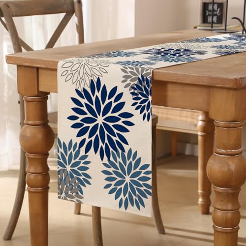 Tischläufer Blumen Blau Marineblau Dunstblau Dahlien Tischläufer Modern Herbst Saisonal Table Runner Küche Tisch Dekoration Tischdecke für Hochzeit Esszimmer Drinnen Urlaub Party Dekor 40x180 cm von AwzyGous