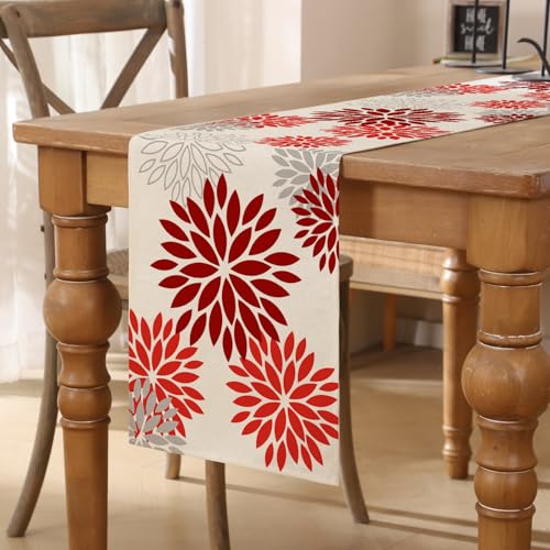 Tischläufer Blumen Rot Dahlien Weihnachten Tischläufer Boho Table Runner Küchentisch Dekoration Tischdecke für Hochzeit Couchtisch Drinnen Urlaub Café Garten Party Dekor 40x140 cm von AwzyGous
