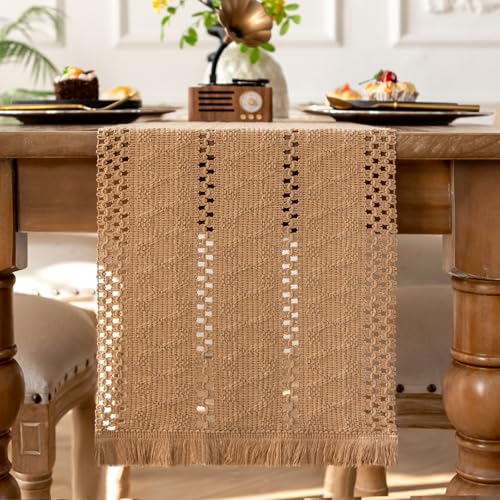 Tischläufer Braun Boho Deko mit Makramee Quasten Baumwolle Landhausstil Leinen Jute Tischläufer Vintage Tischdecke für Hochzeit Küche Esstisch Rustikale Hochzeit Küche Deko 30x183cm von AwzyGous