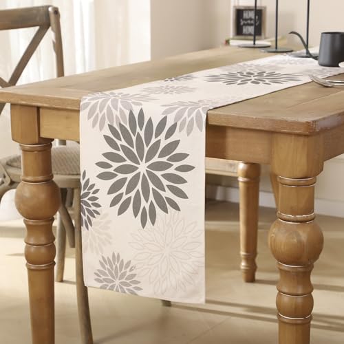 Tischläufer Grau Blumen Dahlien Tischläufer Modern Herbst Saisonal Table Runner Küche Tisch Dekoration Tischdecke für Hochzeit Esszimmer Drinnen Urlaub Party Dekor 33x183 cm von AwzyGous
