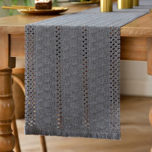 Tischläufer Grau Boho Makramee mit Quasten Baumwolle Leinen Klein Tischdecke Vintage Schmal Läufer Tisch Deko für Hochzeit Küche Party Bauernhaus Häkelspitze Rustikal 30x183cm von AwzyGous