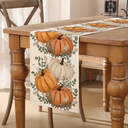 Tischläufer Herbst 40x140 cm Orange Kürbisse Grün Blätter Herbstdeko Tischläufer Abwaschbar Table Runner Landhausstil Küche Tischdecke für Esstisch, Innen & Außen, Drinnen Urlaub Party Dekor von AwzyGous