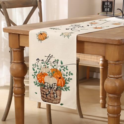 Tischläufer Herbst 40x140 cm Orange Weiß Kürbisse Grün Blätter Herbstdeko Tischläufer Abwaschbar Table Runner Landhausstil Küche Tischdecke für Esstisch, Innen & Außen, Drinnen Urlaub Party Dekor von AwzyGous