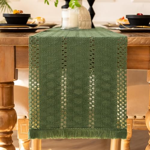 Tischläufer Leinen Grün Boho Modern Deko Sommer Quasten Tischläufer 33x183 cm Makramee Baumwolle Tischdecke mit Quasten Rustikale Tischdekoration für Hochzeit Küche Tabletop Party Deko von AwzyGous