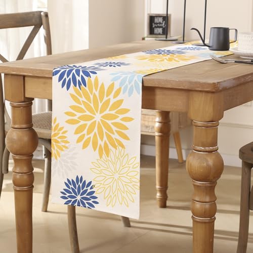 Tischläufer Modern Senfgelb Marineblau Blumen Dahlien Tischläufer leinen Herbst Table Runner Küche Tisch Dekoration Tischdecke für Hochzeit Esszimmer Drinnen Urlaub Party Dekor 33x183 cm von AwzyGous