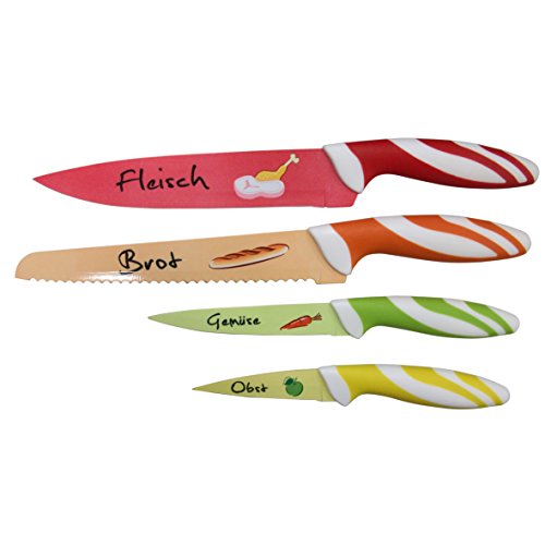axentia 175478 Messerset 4-teilig, buntes Küchenmesser-Set mit Motiven, Fleischmesser, Brotmesser, Gemüsemesser, Obstmesser, Edelstahl-klingen und Softgriff, Bunt von axentia