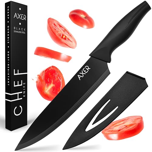 Axer Kochmesser 20 cm - Scharfes Küchenmesser mit Klingenschutz - Schwarzes Chefmesser - Chef Knife - Koch Messer Scharf - Carbonstahl Messer mit Scheide, Schwarz von Axer
