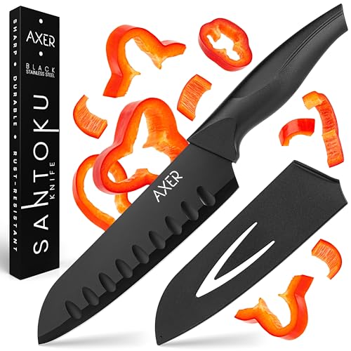 Axer Santoku Messer Scharf - Japanisches Messer Santoku - Kochmesser Profi Messer - Japanisches Küchenmesser Scharf - Santokumesser - Chef Knife Santoku, Schwarz von Axer