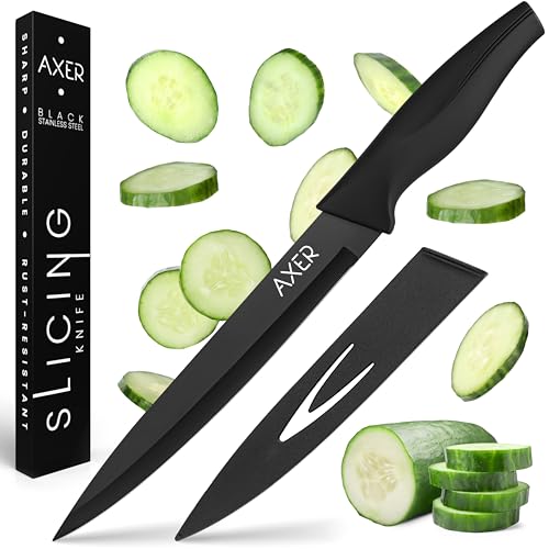 Axer Scharfe Messer Küche 20 cm - Fleischmesser Küchenmesser Sharf - Tranchiermesser Kochmesser Schneidemesser - Scharfes Küchenmesser - Kitchen Knife - Allzweckmesser, Schwarz von Axer