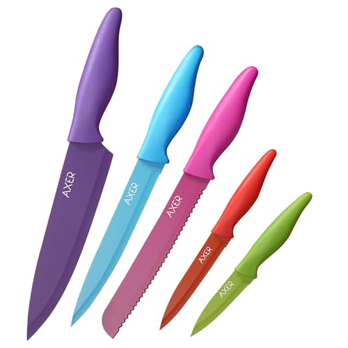 Axer Scharfe Messer Set für Küche - 5-teilig Küchen Messerset Bunt - Sehr Scharfe Küchenmesser Set Profi Koch Messerset Edelstahl - Bunte Messer Set Hochwertig - Kitchen Knife Set von Axer