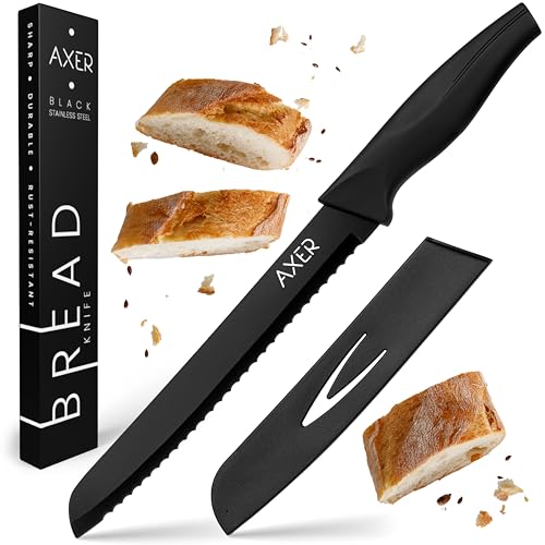Axer Schwarz Brotmesser Wellenschliff - Brot Messer mit Schutzhülle - Brötchenmesser Wellenschliff 33 cm lang - Edelstahl Küchenmesser Scharf - Bread Knife von Axer
