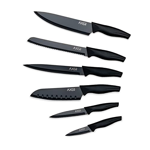 Axer Küchen Messerset Schwarz - Scharfe Küchenmesser - 6-teilig Messer Set Scharf Küche - Kitchen Knife Set - Küchenmesser Schwarz von Axer