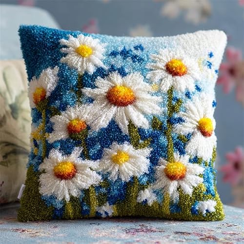 AxiangziK Blumen Knüpfkissen Zum Selber Knüpfen,Schöne Gänseblümchen,DIY Kissen Hülle Knüpfset,Kissenbezug Knüpfen Set Kreuzstich für Kinder Erwachsene,17x17in von AxiangziK
