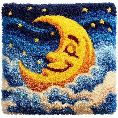 AxiangziK Cartoon-Stil Knüpfhaken Kissen Kits für Kinder,Sterne und Mond,DIY Knüpfteppich Zum Selber Knüpf-Sets Kissenbezug Teppich Stickerei Set,Latch Hook Kits,17x17in von AxiangziK