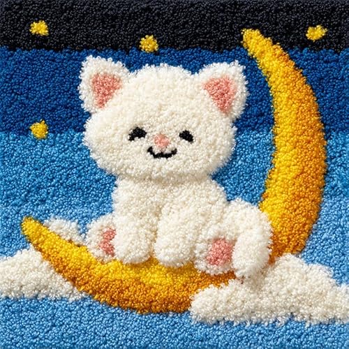 AxiangziK Cartoon-Stil Knüpfkissen Set,Katze auf dem Mond,3D Sofakissenbezug DIY Kissenbezüge Kissenbezug für Heimaccessoire,Handgechte Geschenke Kreuzstich Kreativ Set,17x17in von AxiangziK