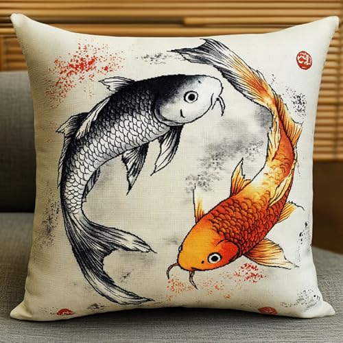 AxiangziK Chinesischer Tuschemalerei-Stil Latch Hook Kit Cushion for Adults,Koi-Fische,DIY Craft Latch Hook Kits Embroidery Latch Hook Pillow Cover or Christmas/Gifts,17x17in von AxiangziK