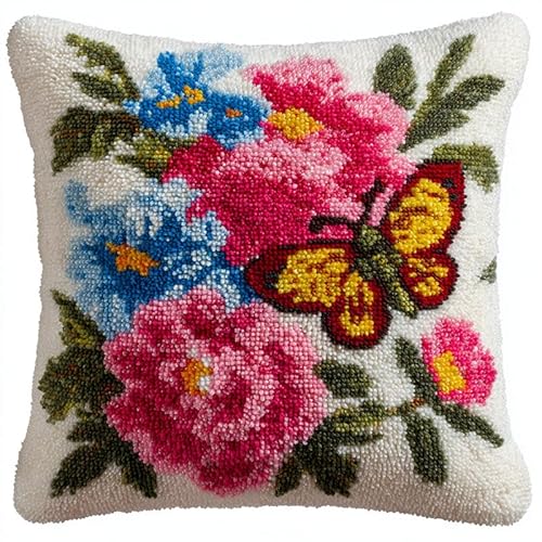 AxiangziK Knüpfhaken-Set Kissenbezug,Bunte Blumen und Schmetterlinge,Knüpfteppiche Set Kissen Knüpfen Latch Hook Kit Handgemachte Geschenke Für Kinder Und Erwachsene,17x17in von AxiangziK