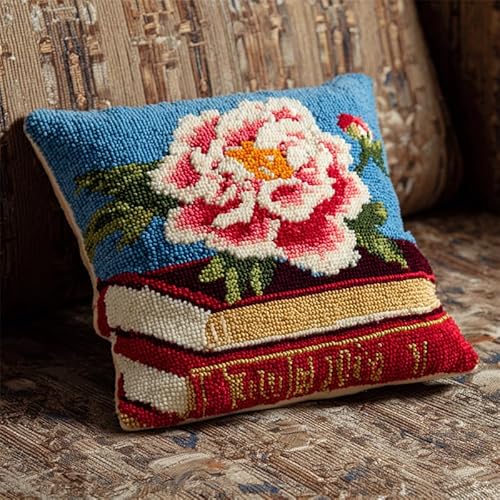 AxiangziK Knüpfkissen Zum Selber Knüpfen,Blumen auf Büchern,DIY Kissen Hülle Knüpfset,Kissenbezug Knüpfen Set Kreuzstich für Kinder Erwachsene,17x17in von AxiangziK