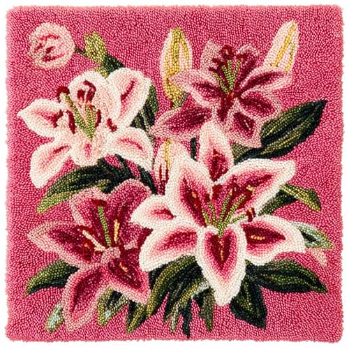 AxiangziK Knüpfkissen Zum Selber Knüpfen,Rosa Lilienstrauß,DIY Kissenbezug Hülle Sofakissenbezug,Knüpfkissen Set für Kinder Erwachsene,Latch Hook Kit,17x17in von AxiangziK