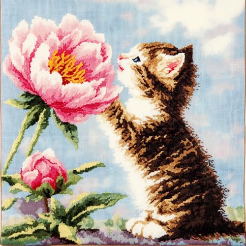 AxiangziK Tier DIY knüpfen set erwachsene,Eine Katze küsst eine Pfingstrose,Haken-Knüpfset Kissenbezug bedrucktes Kissen Häkelgarn,Stickerei,Dekoration,Anfänger-Knüpfs,17x17in von AxiangziK