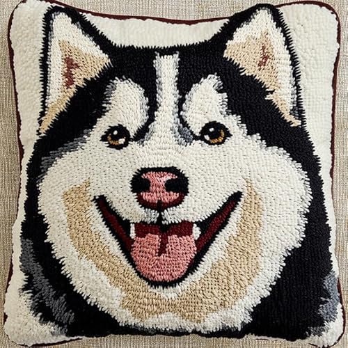 AxiangziK Tier Hund Latch Hook Kissen Kit,Lächelnder Husky,Knüpfkissen Set für Anfänger Erwachsene oder Kinder zum Selber Knüpfen,DIY Knüpfteppich Knüpfpackung,17x17in von AxiangziK