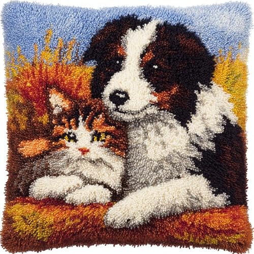 AxiangziK Tier Knüpfhaken Kissen Kits für Kinder,Katzen und Hunde,DIY Knüpfteppich Zum Selber Knüpf-Sets Kissenbezug Teppich Stickerei Set,Latch Hook Kits,17x17in von AxiangziK