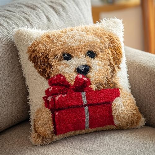 AxiangziK Tier Knüpfkissen Zum Selber Knüpfen,Hund hält ein Geschenk,DIY Kissen Kissenbezug Kreuzstich Latch Hook Kit Handwerk Handarbeiten Erwachsene Kinder Kunsthandwerk,17x17in von AxiangziK