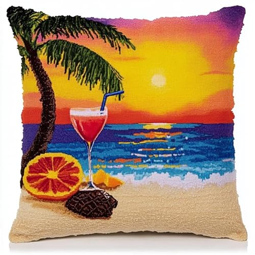 AxiangziK Tropischer Sonnenuntergang Knüpfkissen Zum Selber Knüpfen,Strand-Kokosnussbaum-Cocktail,Knüpfen Set Handgemachte Geschenke Knüpfteppich Für Kinder Und Erwachsene Knüpfset,17x17in von AxiangziK
