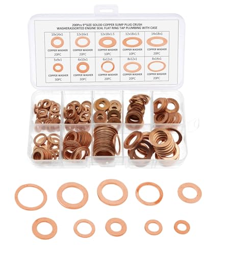 200 Stück Kupferdichtringe Sortiment,10 Größen Flach Unterlegscheiben, Kupferringe, Kupferdichtringe Kupfer Flache Scheibe Dichtring Kit Kupfer mit Box,Sicherungsscheiben, M5 M6 M8 M10 M12 M14 von Axijobs
