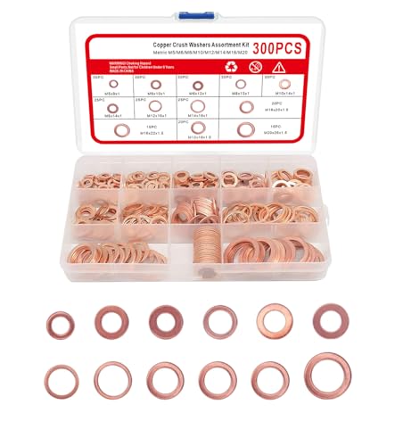 300 Stück Kupferdichtringe Sortiment,12 Größen Flach Unterlegscheiben, Kupferringe, Kupferdichtringe Kupfer Flache Scheibe Dichtring Kit Kupfer mit Box,Sicherungsscheiben, M5 M6 M8 M10 M12 M14 M16 M20 von Axijobs