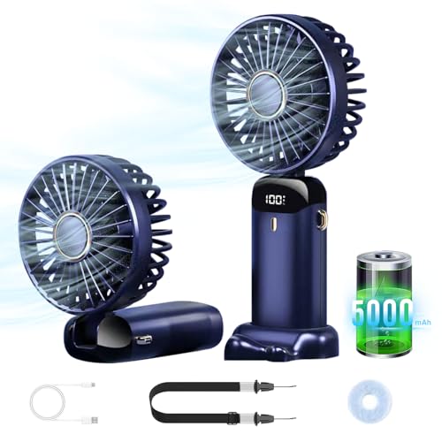 Handventilator,Tragbarer Mini Ventilator, Wiederaufladbar, Kleiner Taschenventilator Mit 5 Geschwindigkeitsstufen,Integrierter 5000mAh-Akku, Faltbarer USB-Ventilator mit Sockel für Büro,Outdoor,Reisen von Axijobs