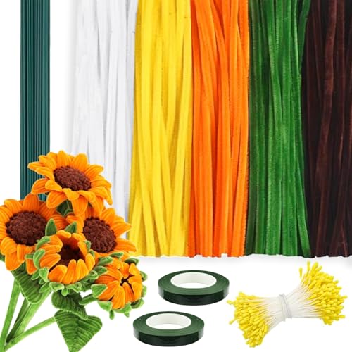 Axinyijia 400 Stück Pfeifenreiniger zum Basteln Blumen Set Pfeifenputzer Blumenset in 5 Farben für DIY Basteln mit Blumendraht Blumen Staubblatt (Gelb) von Axinyijia