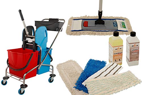 Axis Line Wischmop Komplettset 10 teilig mit Wischerset 40cm und Doppelfahrwagen Reinigungswagen 17 Liter Chrom und Ersatzmöppe und 2 x Profi Reinigungsmittel von Axis Line