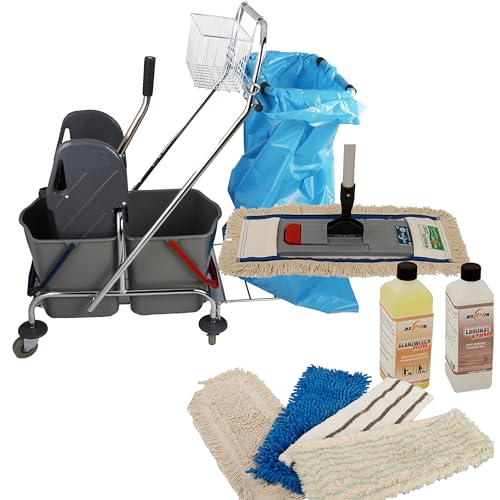 Wischmop Komplettset 10 teilig mit Wischerset 40cm und mit Doppelfahreimer Chrom 2x17 Liter mit Müllsackhalter und Ersatzmöppe und 2 x Profi Reinigungsmittel Axis Line von Axis Line