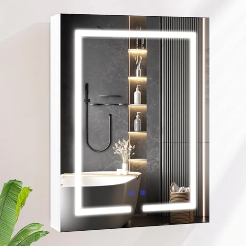 AxisFurn Badezimmer-Spiegelschrank mit LED-Beleuchtung, 3 verstellbares Licht, Spiegelschrank mit Glasablage und Steckdose, Anti-Beschlag Wandschrank 60 * 80cm, Weiß von AxisFurn