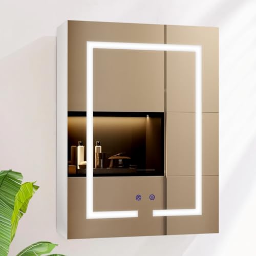 AxisFurn Badezimmer-Spiegelschrank mit LED-Beleuchtung, 3 verstellbares Licht, Spiegelschrank groß mit Ablage und Steckdose, Anti-Beschlag Wandschrank platzsparend, 50 * 70cm, Weiß von AxisFurn