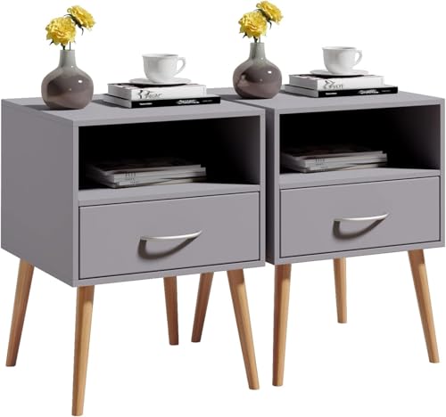 AxisFurn Nachttisch 2er Set, Nachtschrank mit Schublade und offenem Fach, Holzbeine Nachtkommode, Beistelltisch Sofatisch für Wohnzimmer, Schlafzimmer, 40 x 40 x 56 cm, Grau AxisFurn Nachttisch 2er Set, Nachtschrank mit Schublade und offenem Fach, Holzbeine Nachtkommode, Beistelltisch Sofatisch für Wohnzimmer, Schlafzimmer, 40 x 40 x 56 cm, Grau von AxisFurn